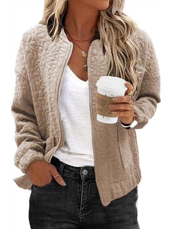 Jackets & Blazers - Stylish Women's Jacquard Bomber Jacket - Zip Up Coat with Pockets, Trendy